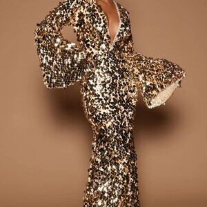 Fashion Nova Gold Sequin Maxi Dress Size 1X  NWT